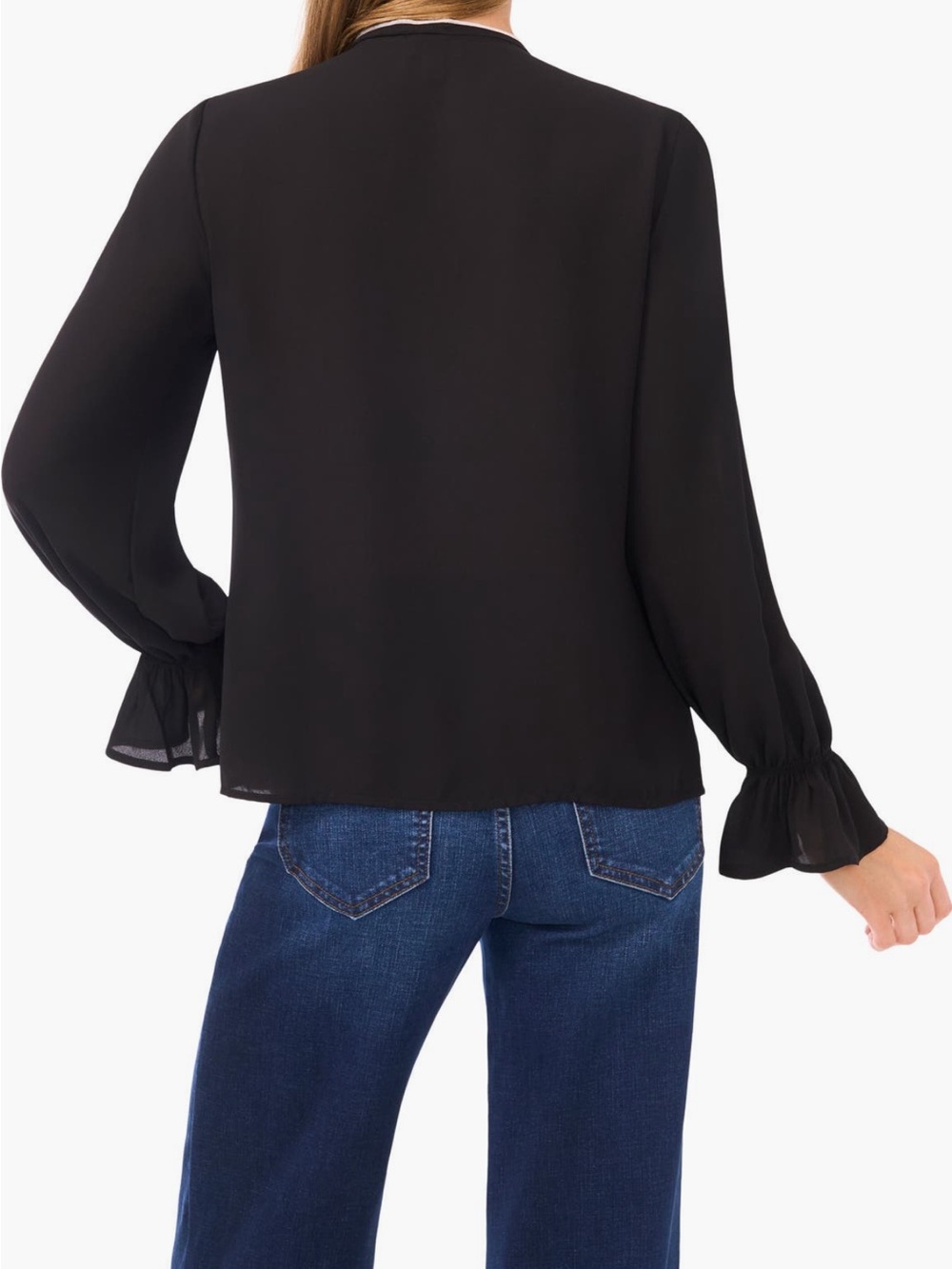 CeCe Contrast Trim Ruffle w/ Tie-Neck Blouse in Black and White Trim Size S - Picture 2 of 9